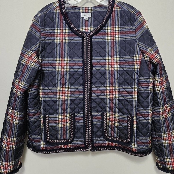 Crown & Ivy Navy Plaid Puffer Quilted Jacket Quilted Zip Front Fringe Pockets L - Picture 1 of 10